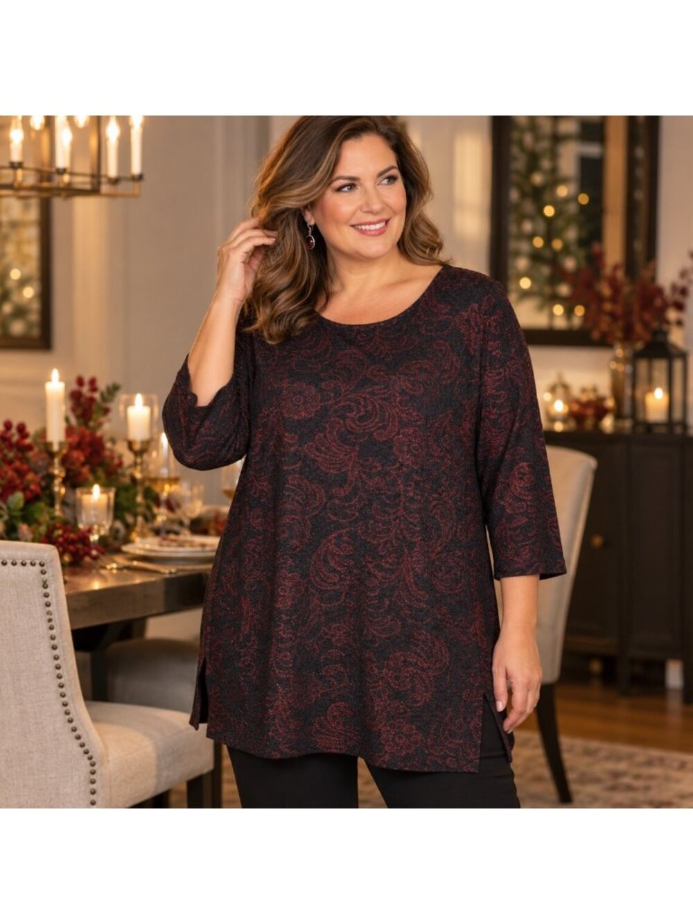 Maggie Barnes Catherines Tunic 1X 18/20W Black Red Floral Damask Stretch Top